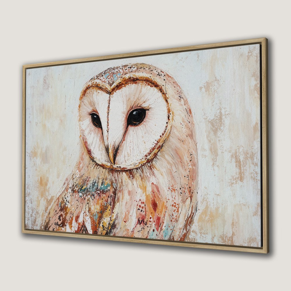 Framed Wall Art: Barn owl portrait in soft, warm tones. Beautiful canvas print with a neutral color palette, perfect for adding a touch of nature to your home decor.
