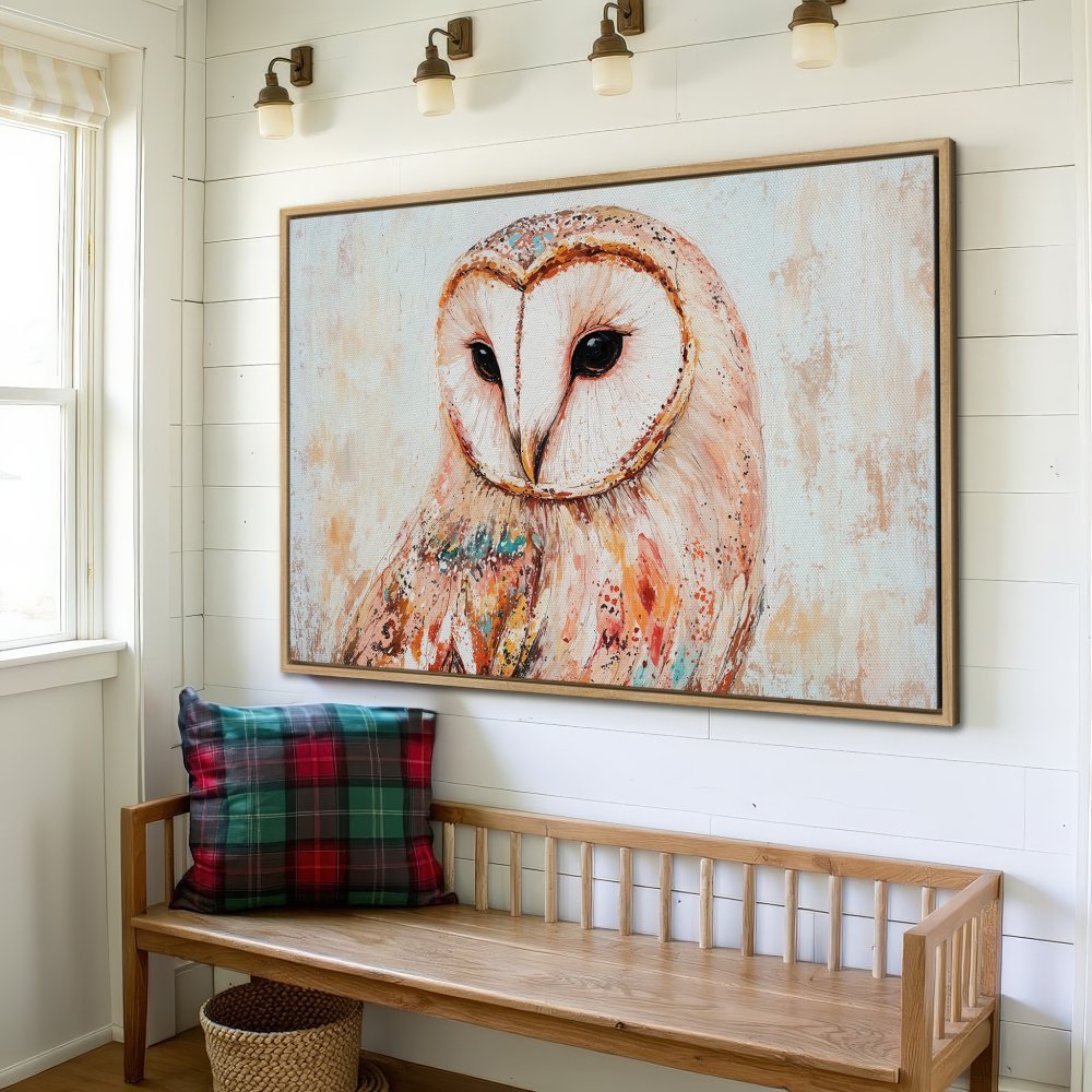 Framed Wall Art: Owl painting in warm, neutral tones. Rustic style canvas print adds a touch of nature to any interior.