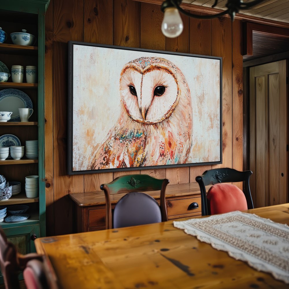 Framed Wall Art: Stunning owl painting with warm, earthy tones. Rustic style Canvas Print adds a touch of nature to any home decor.
