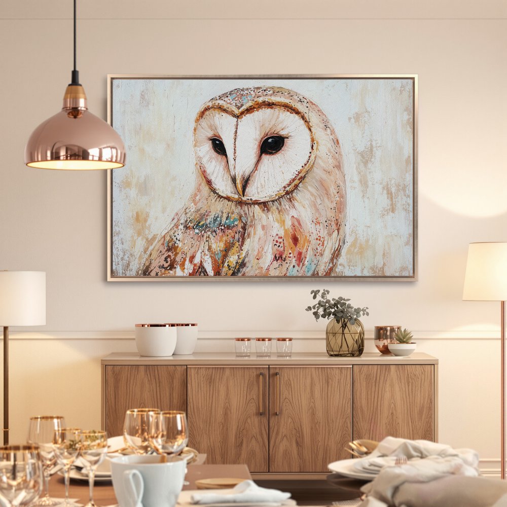 Framed Wall Art: Stunning owl portrait in warm, neutral tones. Add a touch of elegance to your home with this beautiful Canvas Print. Shop now!