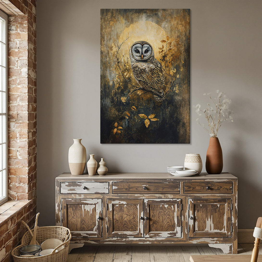Framed Wall Art: Owl painting with warm gold, brown, and blue tones. Rustic style canvas print adds elegance to dining room decor.