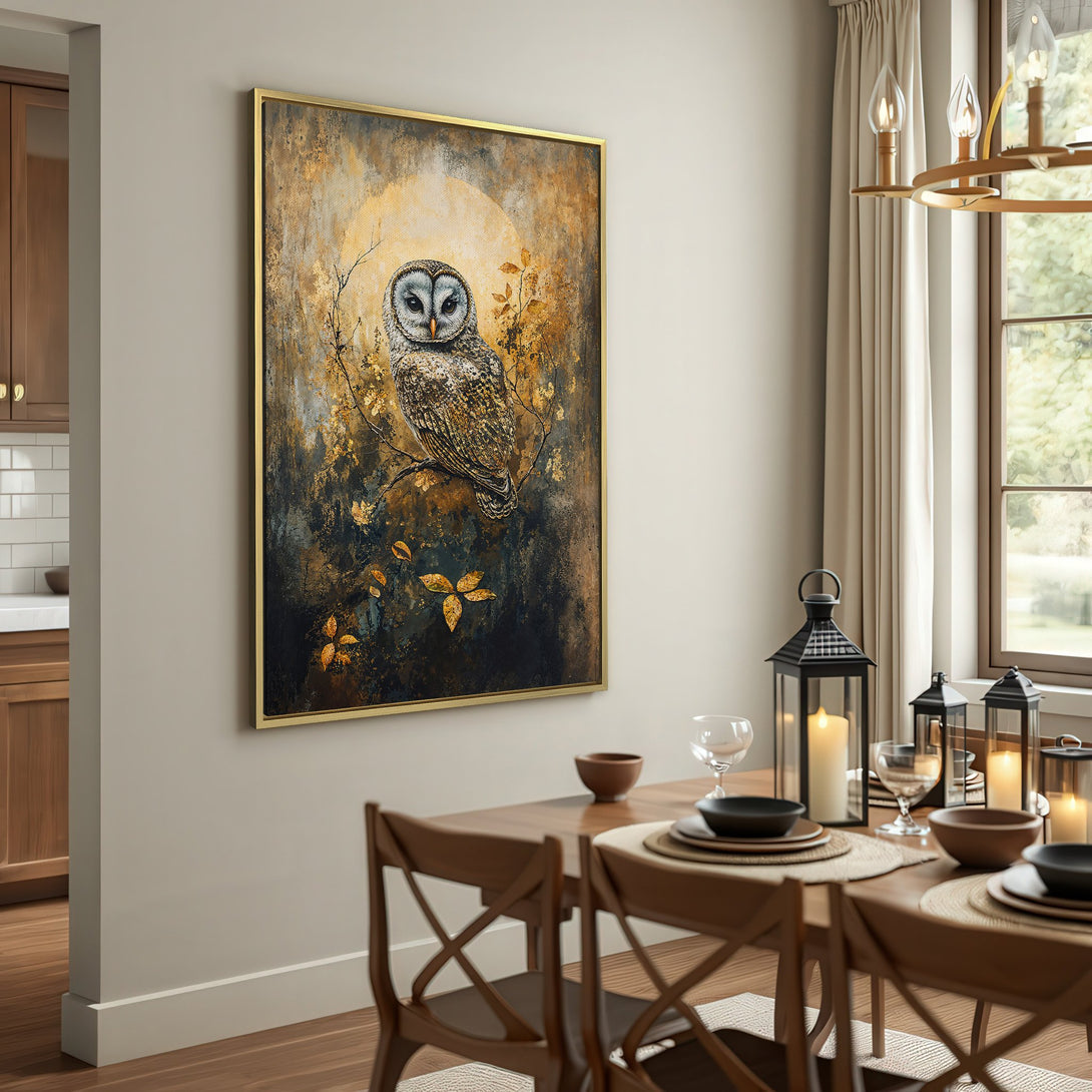 Canvas Print featuring a majestic owl in a vintage style with a warm, earthy color palette. Perfect for rustic home decor!
