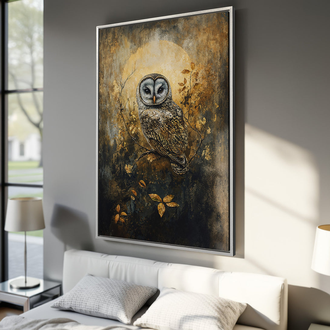 Framed Wall Art featuring a majestic owl in a vintage style, with a warm, earthy color palette of gold, brown, and black. Perfect for any interior.