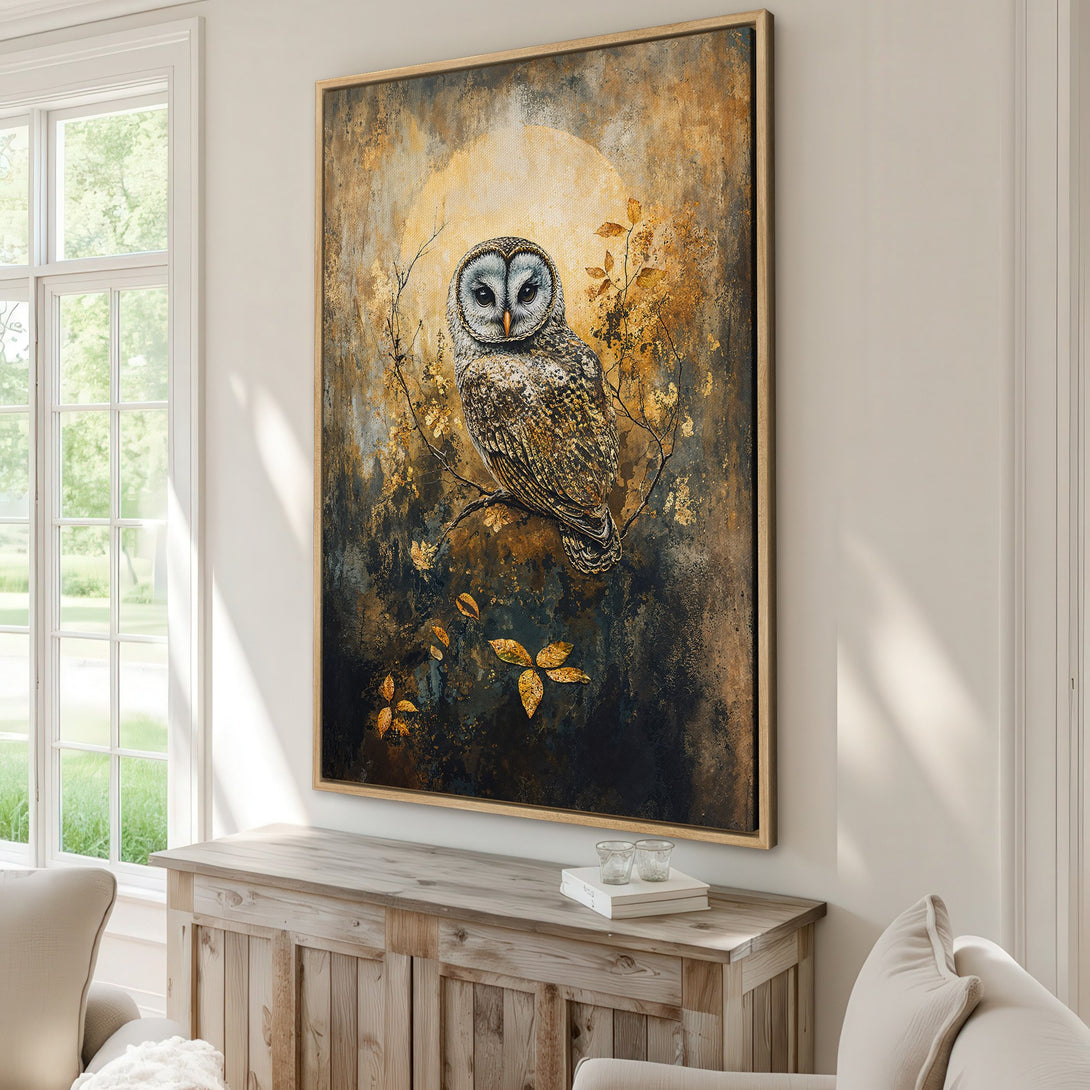 Framed Wall Art of an owl in a golden, abstract style. Earthy tones of brown, gold, and blue create a warm, inviting atmosphere. Perfect for any home!