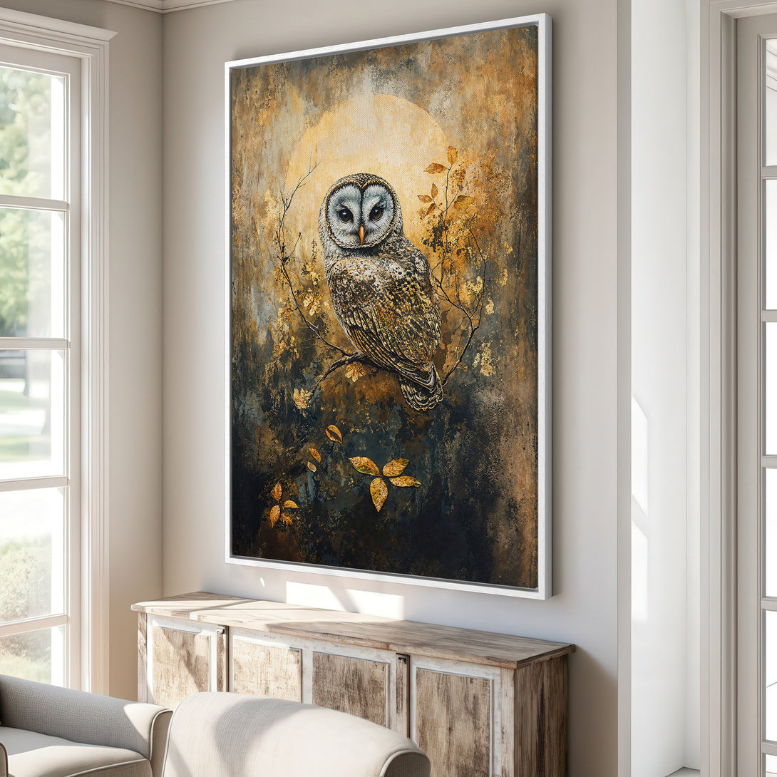 Framed Wall Art: Stunning owl painting in warm gold and brown tones. Rustic style canvas print adds a touch of nature to any interior.