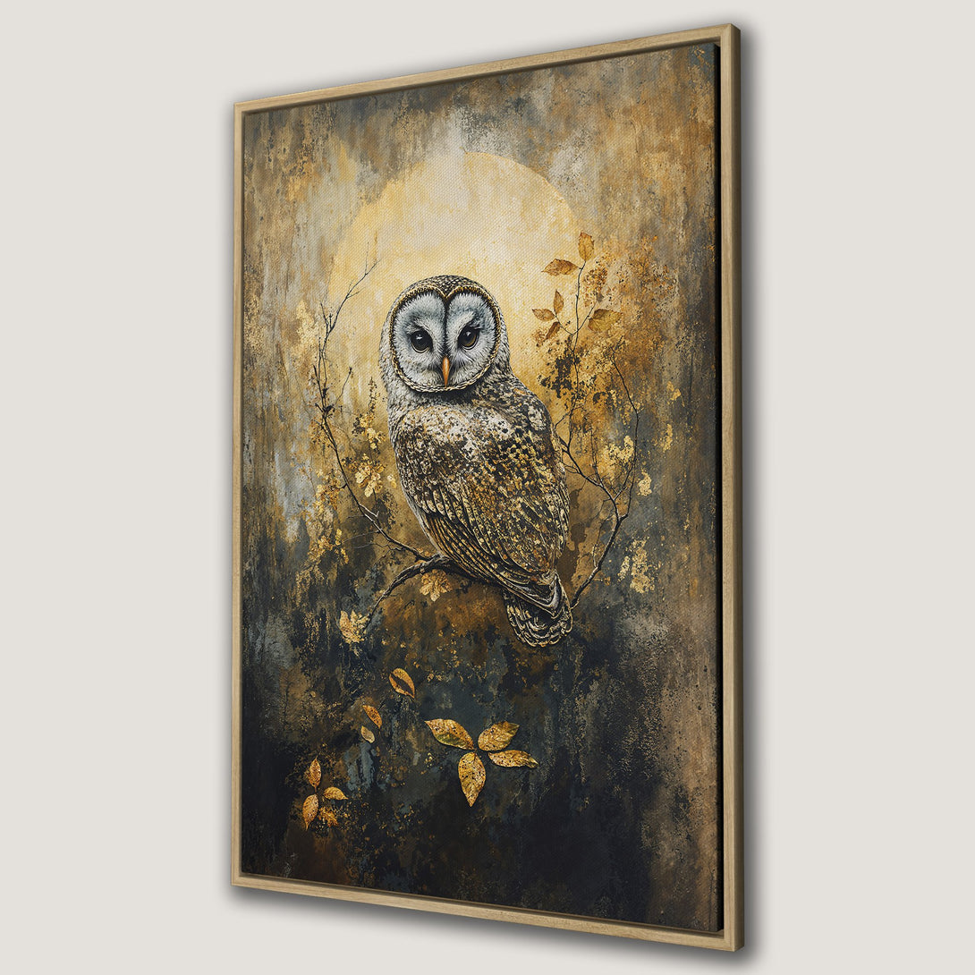 Framed Wall Art featuring a majestic owl in a rustic, painterly style. Earthy gold and brown tones create a warm, inviting aesthetic for your home decor.