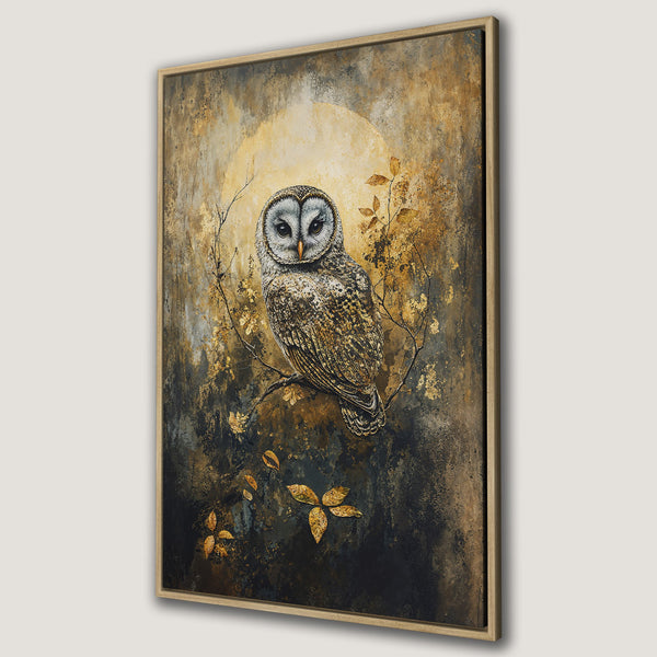 Framed Wall Art featuring a majestic owl in a rustic, painterly style. Earthy gold and brown tones create a warm, inviting aesthetic for your home decor.