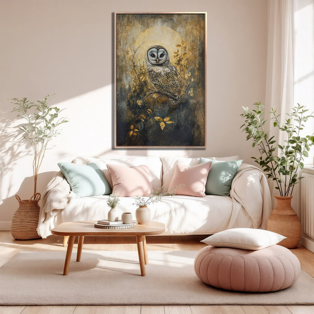 Framed Wall Art: Stunning owl portrait in a warm, earthy palette. Perfect for adding a touch of nature-inspired elegance to your living room. Shop now!