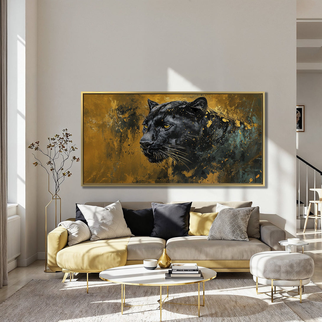 Canvas Print of a majestic black panther, abstract style, with gold and teal accents. Perfect for modern home decor.