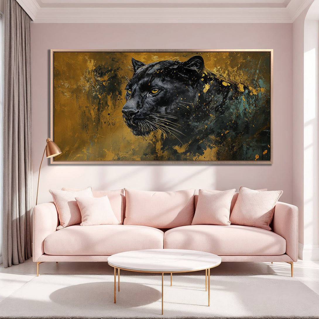 Framed Wall Art: Abstract black panther portrait with gold accents. Modern canvas print in a warm, neutral color palette. Elevate your space!