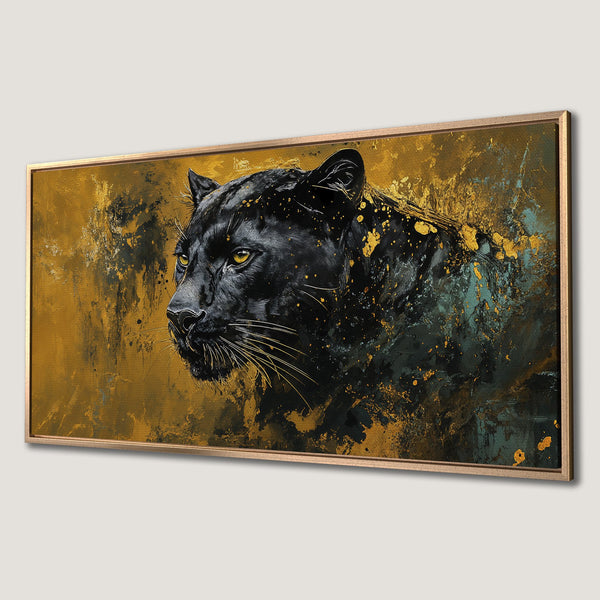 Framed Wall Art: Black panther portrait with gold and teal abstract background. Modern Canvas Print for home decor, featuring a striking color palette.
