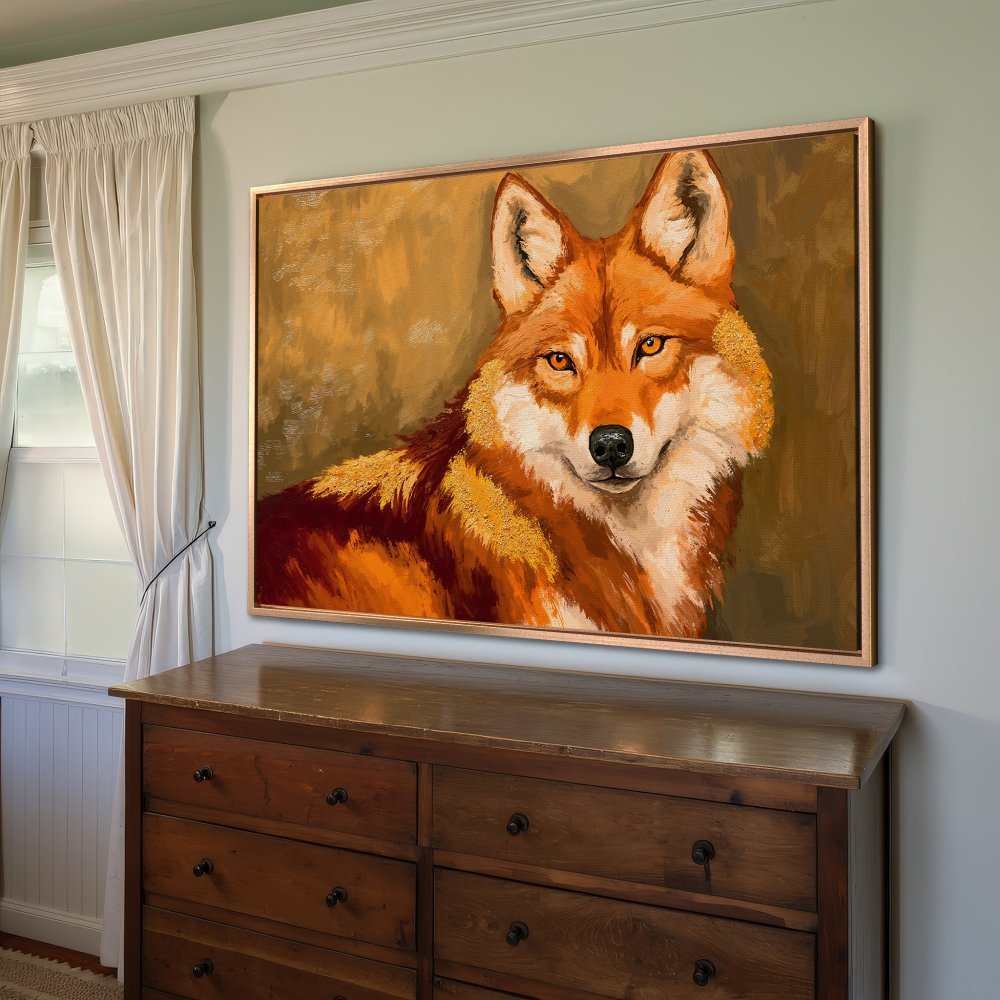 Framed Wall Art featuring a majestic wolf portrait in warm orange and gold tones. Perfect for adding a touch of nature to your home decor.