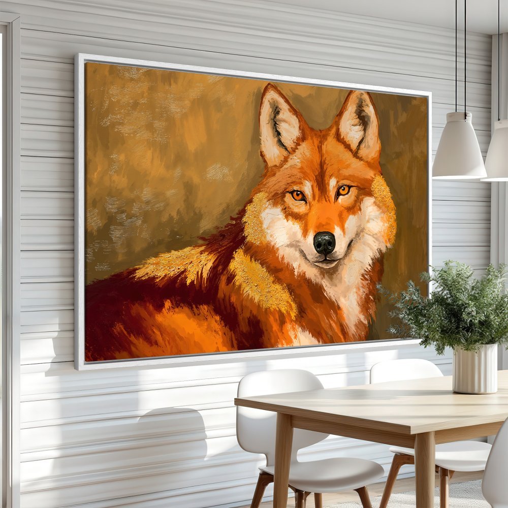 Framed Wall Art: Majestic wolf portrait in warm orange and gold tones. Stunning canvas print for living room or dining room decor.