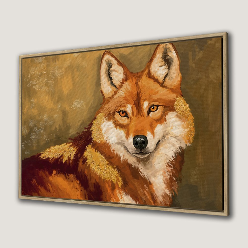 Framed Wall Art: Stunning oil painting of a wolf in warm orange and gold tones, perfect for rustic decor. Add this canvas print to your home!