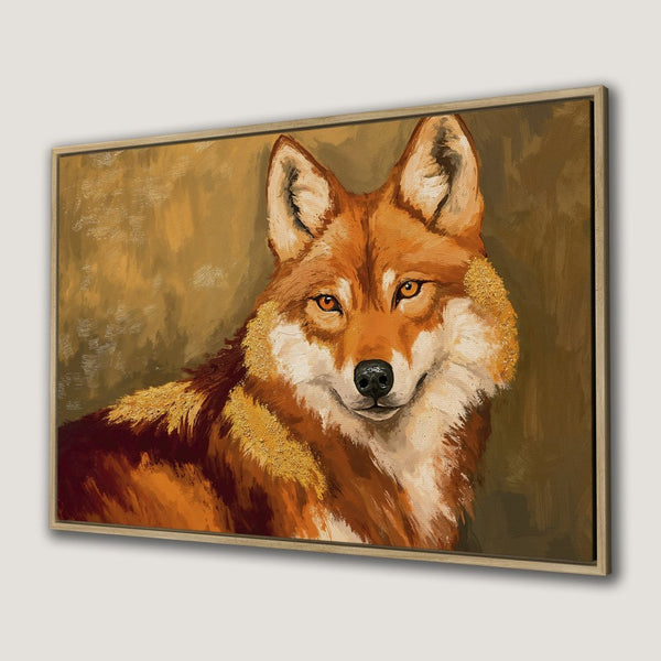 Framed Wall Art: Stunning oil painting of a wolf in warm orange and gold tones, perfect for rustic decor. Add this canvas print to your home!