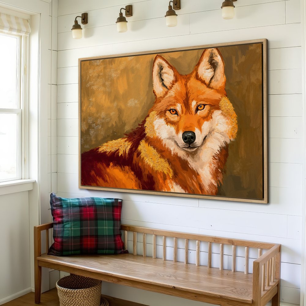 Framed Wall Art: Stunning wolf portrait in warm orange and brown tones. Rustic style Canvas Print adds a touch of nature to any interior.