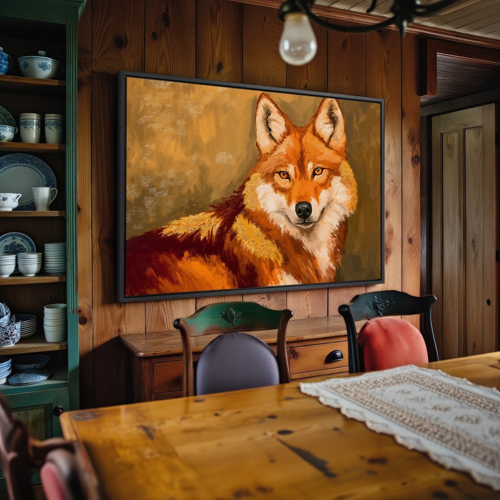 Framed Wall Art: Majestic wolf portrait in warm orange and gold tones. Rustic style canvas print perfect for your home decor.