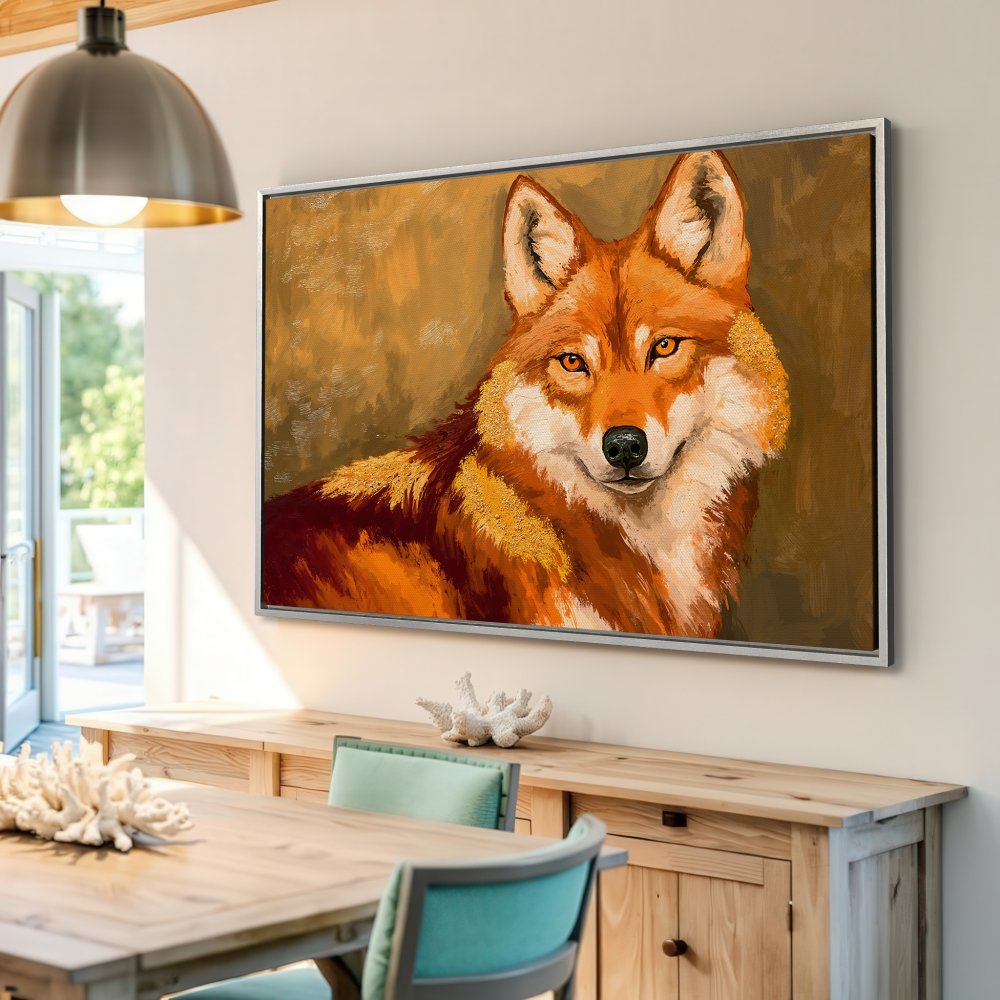 Framed Wall Art: Majestic wolf portrait in warm orange and gold tones, perfect for adding rustic charm to your home decor.