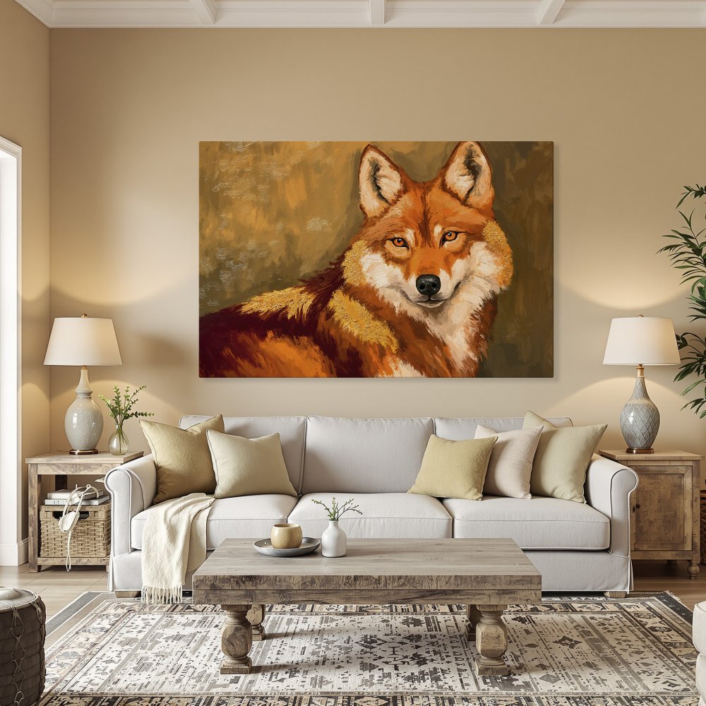 Framed Wall Art: Majestic wolf portrait in warm orange and brown tones. Enhance your home decor with this stunning canvas print!