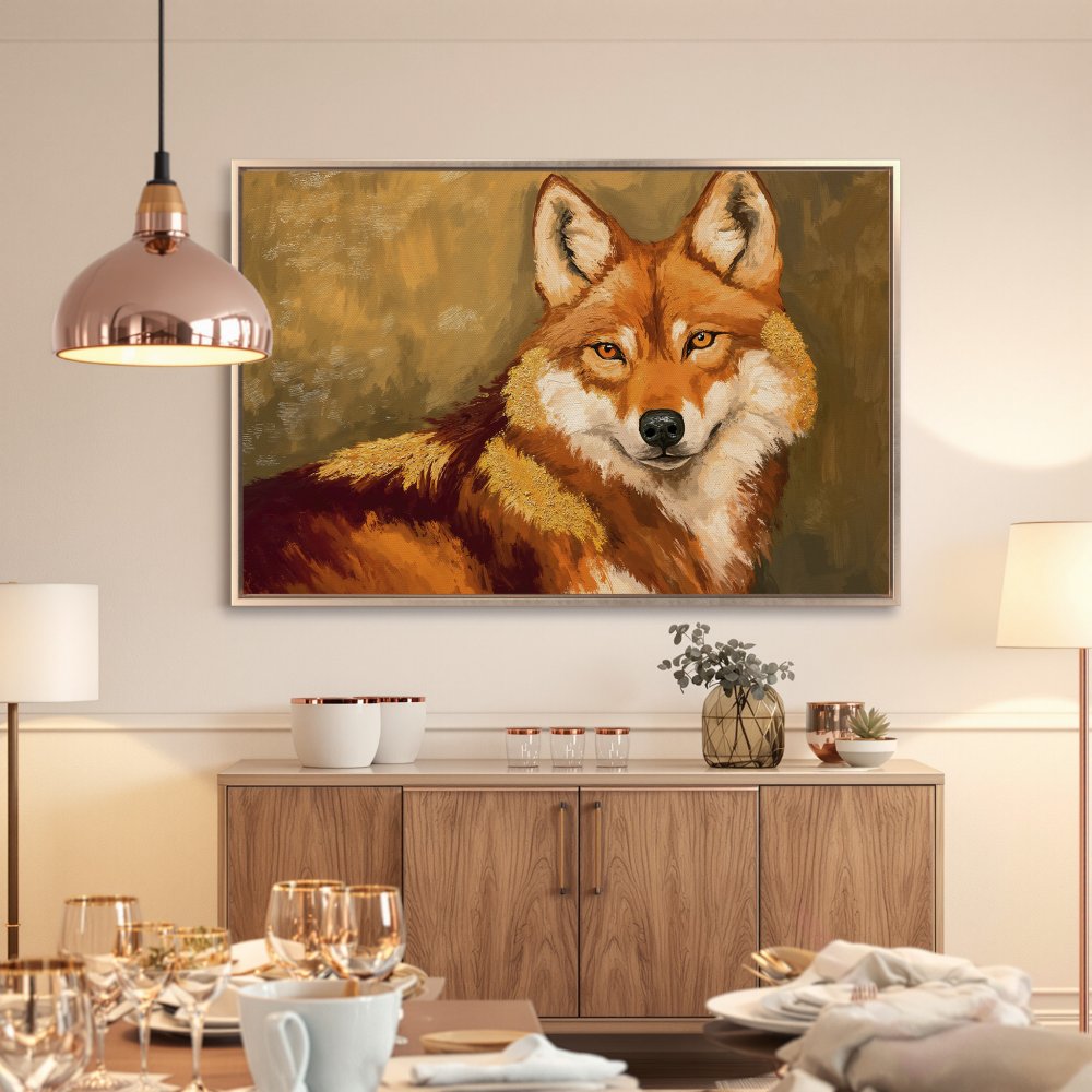 Framed Wall Art: Majestic fox portrait in warm orange and gold tones. Enhance your home decor with this stunning Canvas Print.