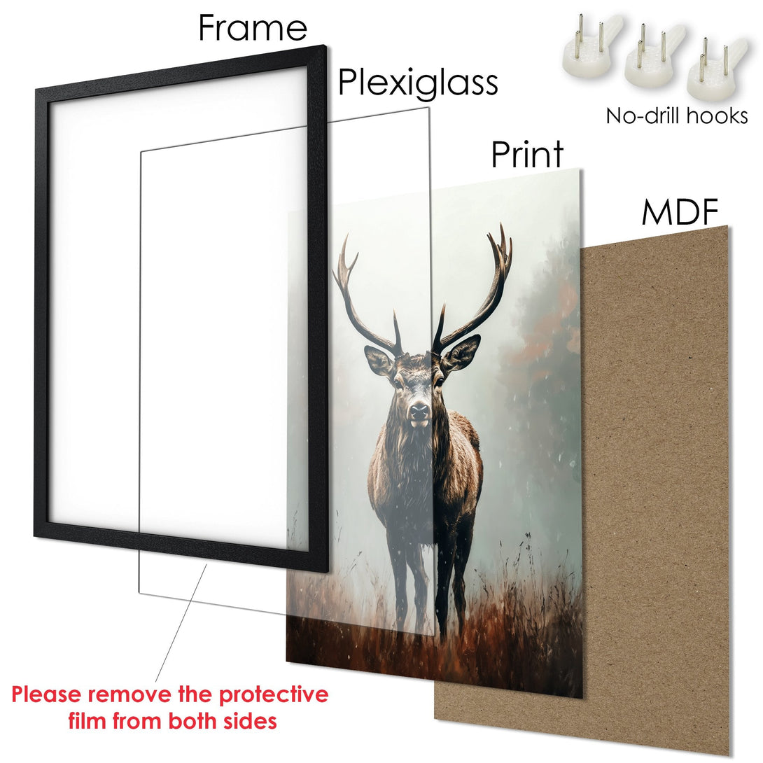 Framed Poster featuring a majestic deer in a muted, earthy color palette. Add art to your space!