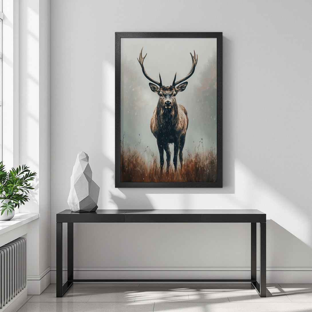 Framed Poster featuring a majestic stag in a naturalistic style with earthy tones. Perfect wall art for your home!
