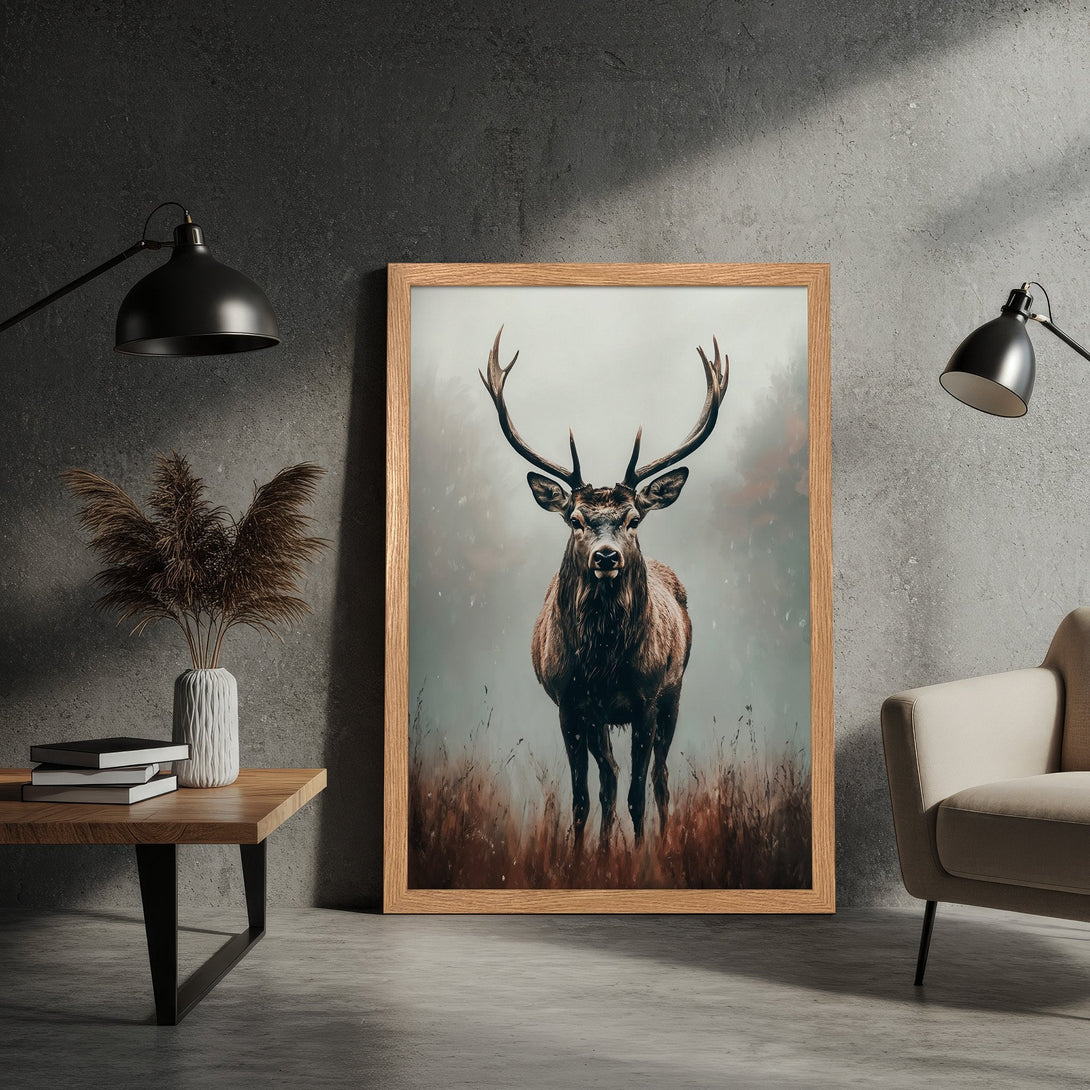 Framed Poster featuring a majestic stag in a muted color palette, perfect for adding a touch of nature-inspired art to your home.