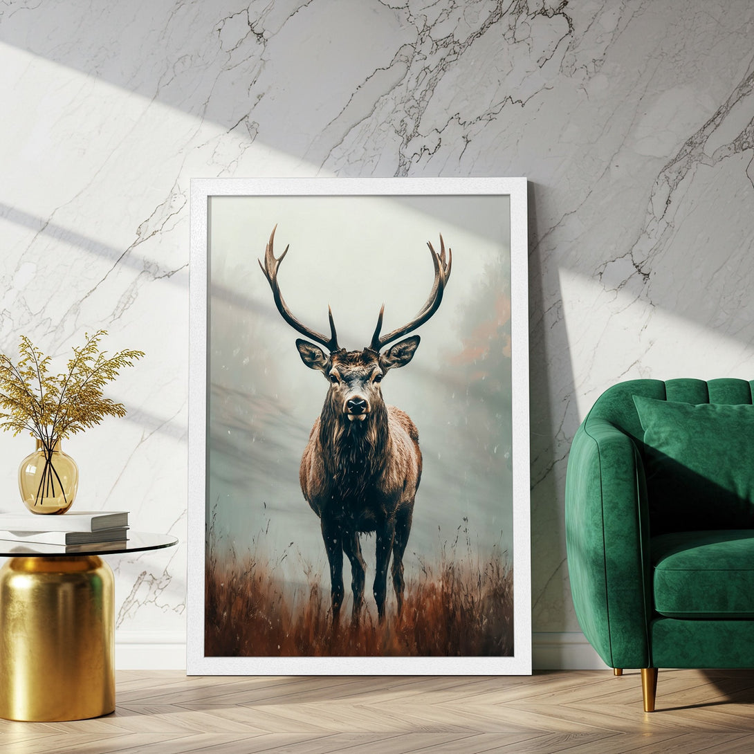 Framed Poster: Majestic deer artwork in muted tones. Earthy brown and green palette, perfect for rustic decor. Enhance your space with this stunning Poster.