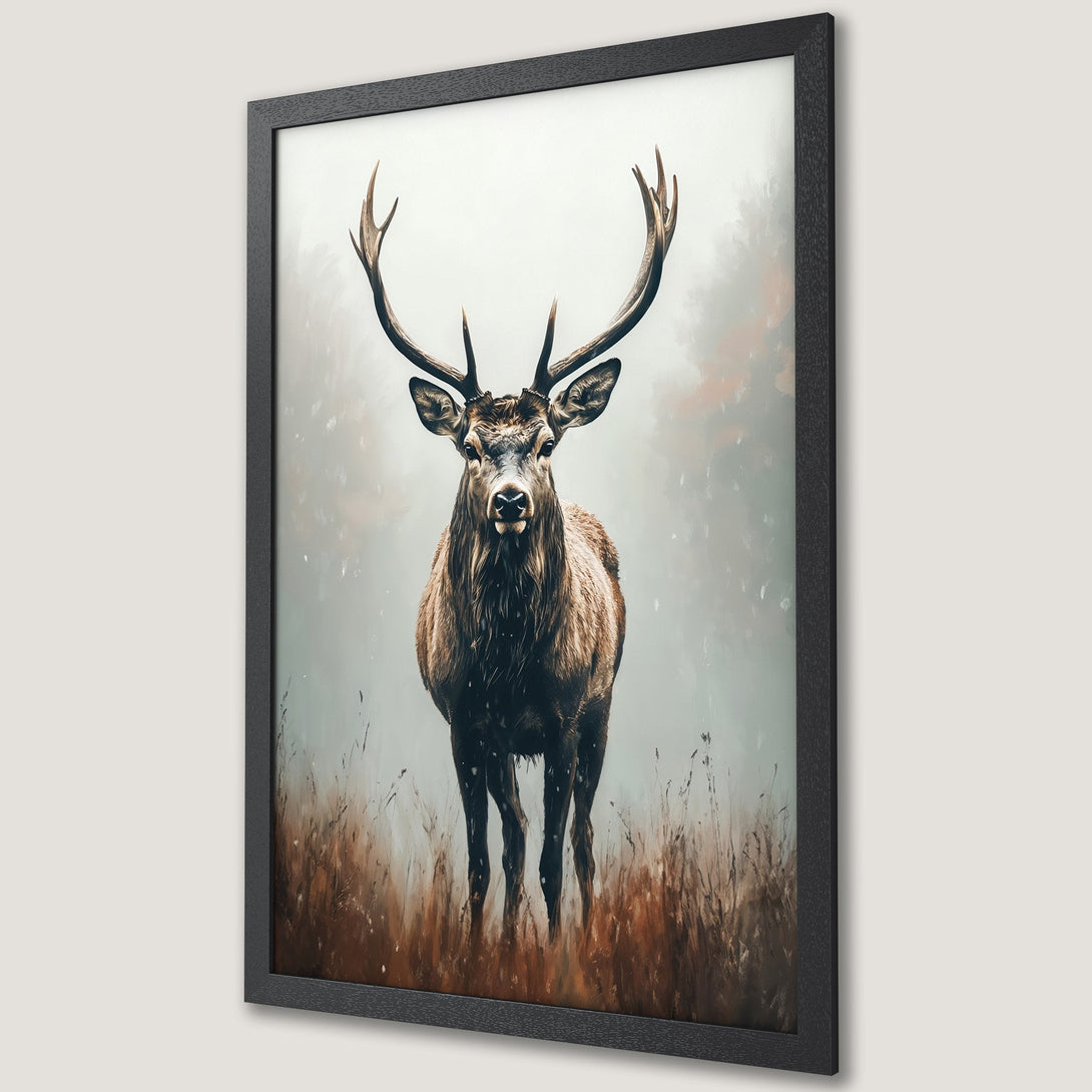 Framed Poster featuring a majestic stag in a painterly style with a muted earth-tone color palette, perfect for rustic decor.