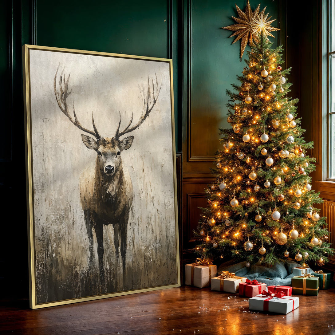 Canvas Print featuring a majestic deer in an abstract, neutral-toned painting. Perfect wall art for rustic or modern decor.