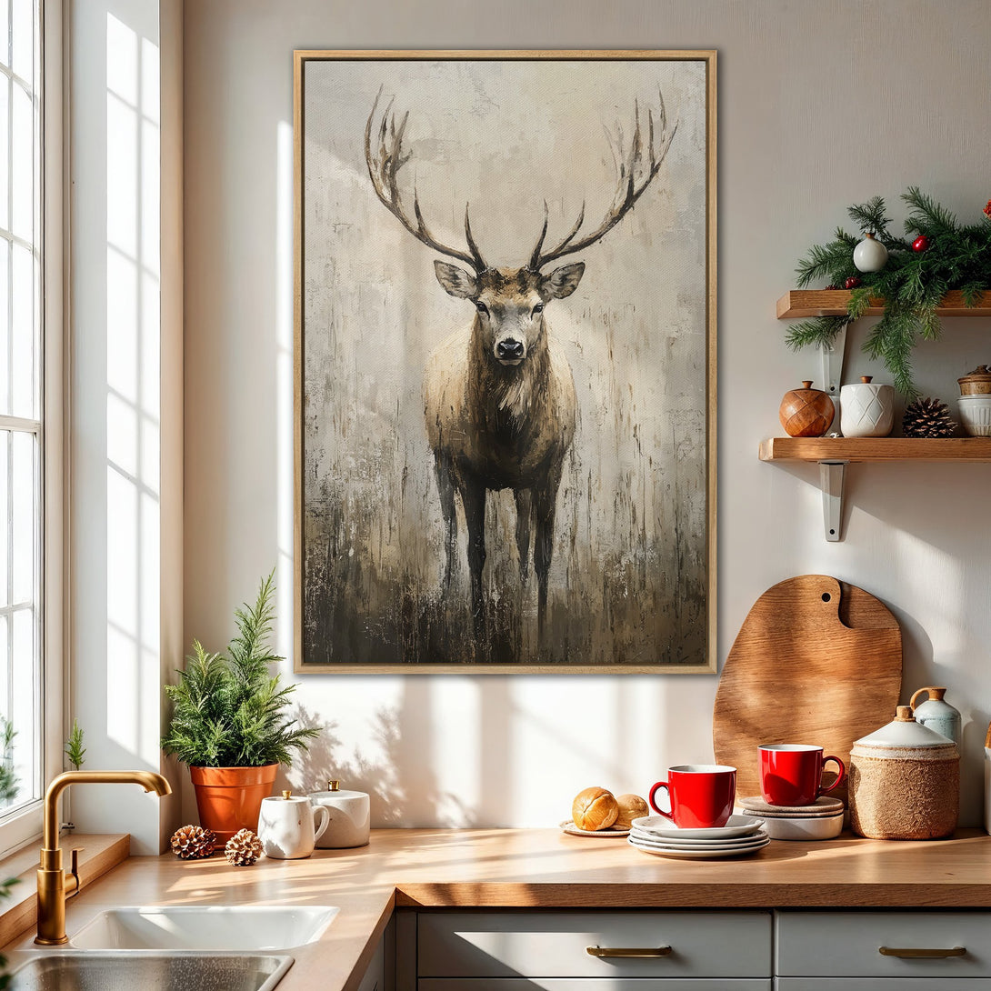 Framed Wall Art: Majestic stag painting in neutral tones. Rustic style Canvas Print adds warmth and elegance to any space. Shop now for stunning wall decor!