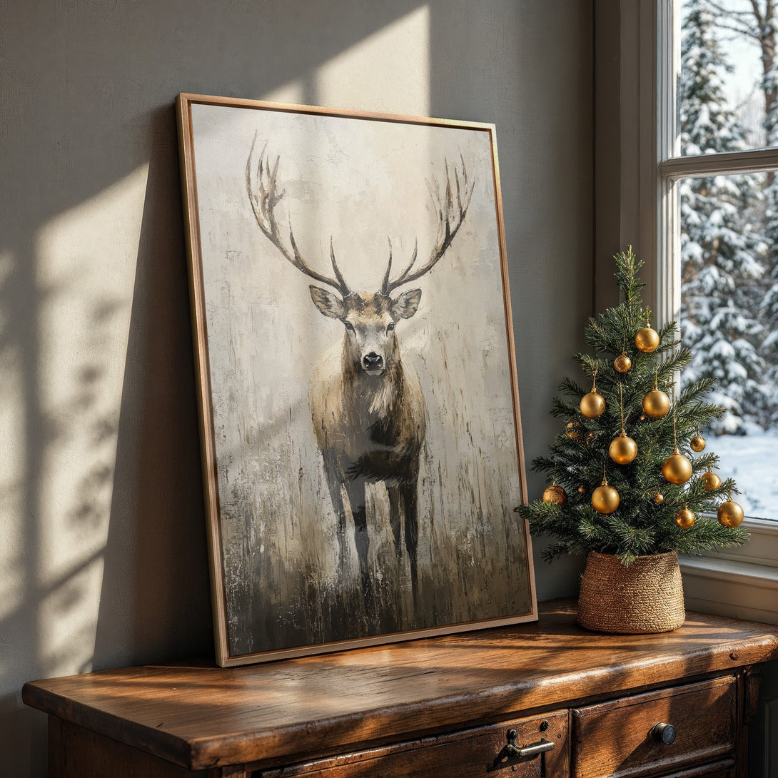 Framed Wall Art: Majestic deer canvas print in neutral tones. Rustic style art for a cozy home. Earthy color palette complements any decor.