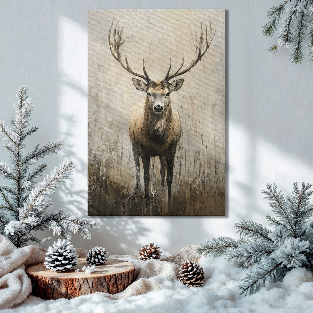 Framed Wall Art: Majestic stag painting in neutral tones, perfect for rustic decor. Adds warmth and elegance to any space. Shop now!
