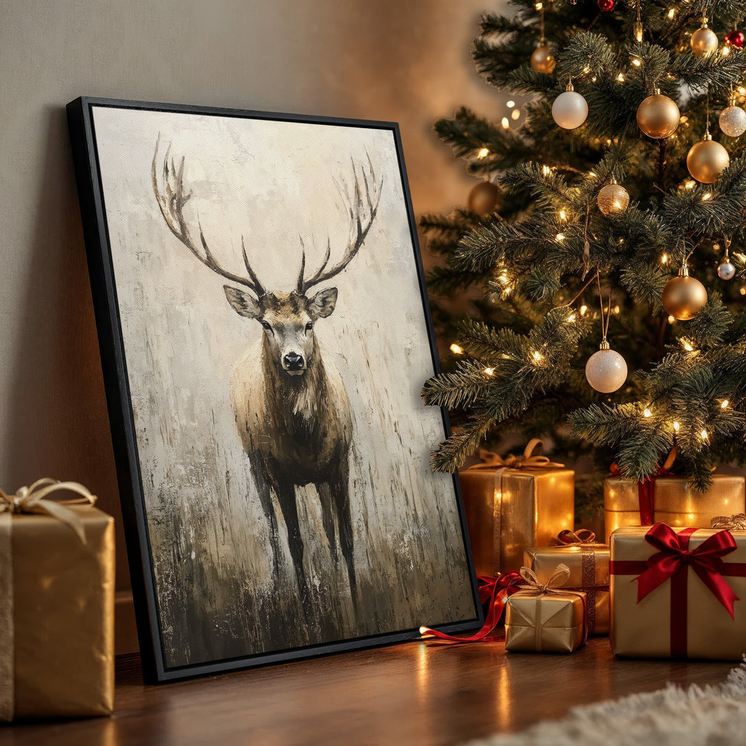 Framed Wall Art: Majestic deer painting in neutral tones. Perfect for adding rustic charm to any space. Warm, inviting color palette. Shop now!