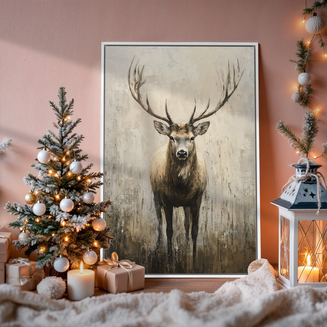 Framed Wall Art: Majestic deer painting in neutral tones. Rustic style canvas print perfect for cozy interiors. Shop now!