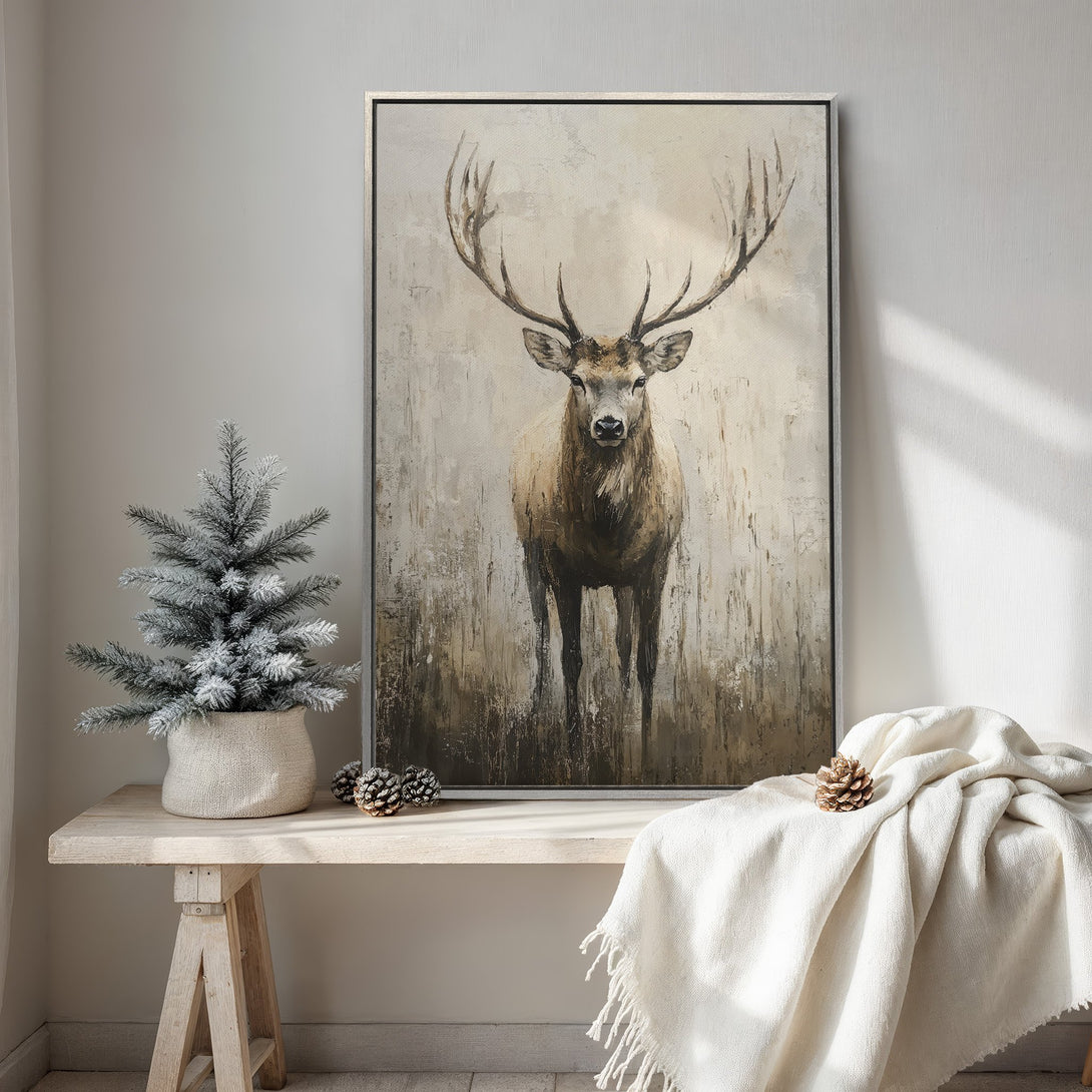 Framed Wall Art featuring a majestic deer in a neutral, earthy color palette. Rustic style canvas print perfect for adding warmth to your home decor.