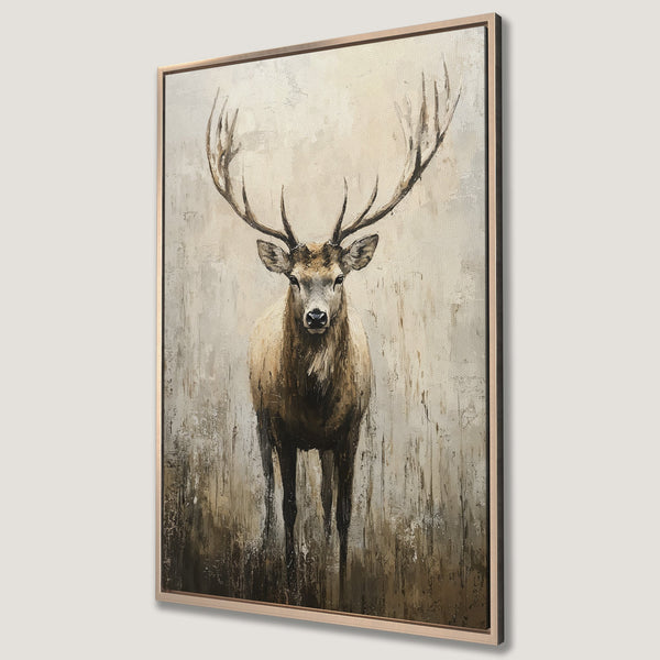 Framed Wall Art featuring a majestic stag in an abstract, textured style. Earth-toned color palette adds warmth and rustic charm to any space.
