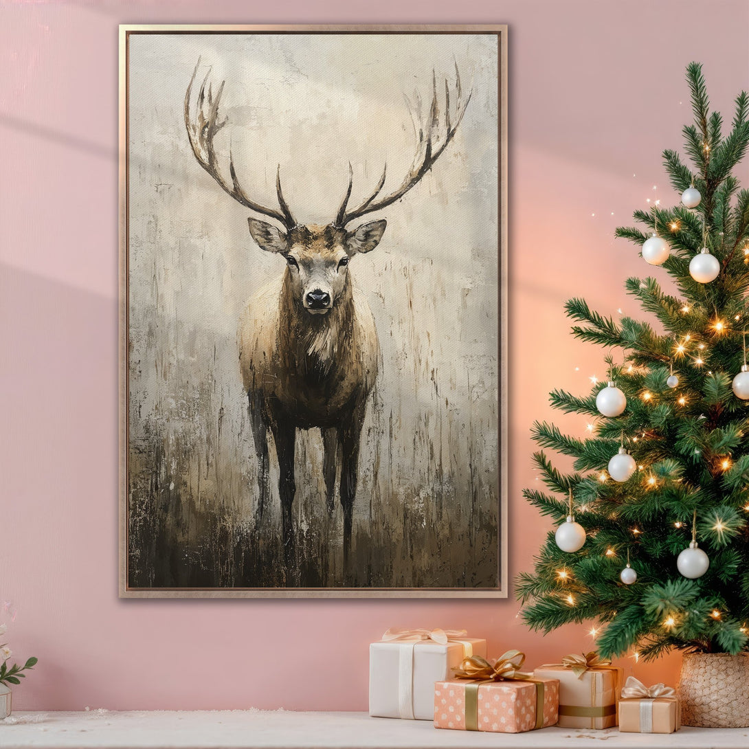 Framed Wall Art: Majestic deer painting in neutral tones. Perfect for adding a touch of elegance to your home decor. Shop now for stunning wall art!