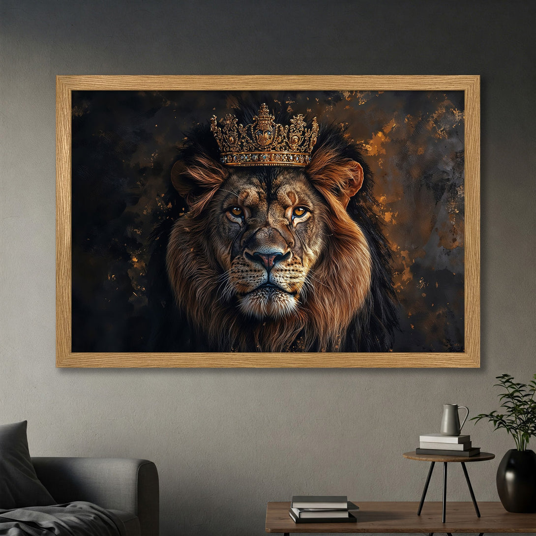 Framed Poster of a regal lion with a crown. Artistic style, dark and gold color palette. Perfect wall art for your home.
