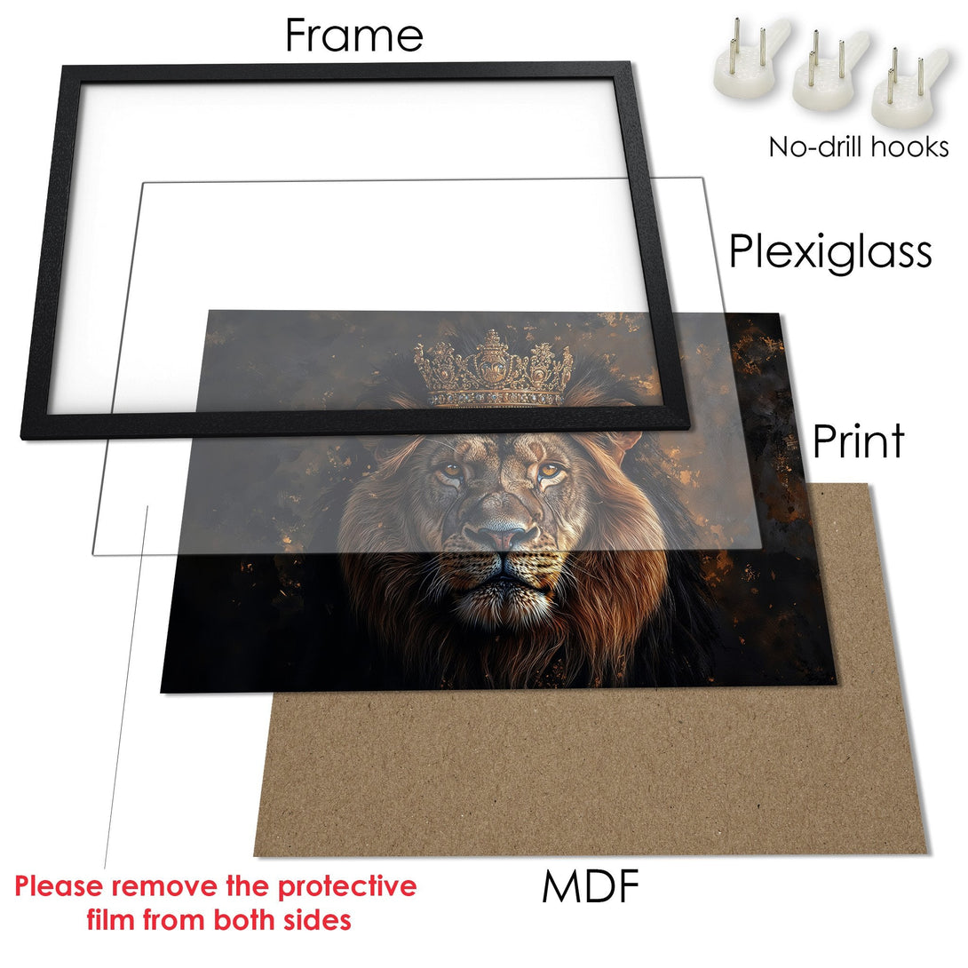 Framed Poster of a regal lion with a crown, in a dark, gold, and brown color palette. Perfect wall art!