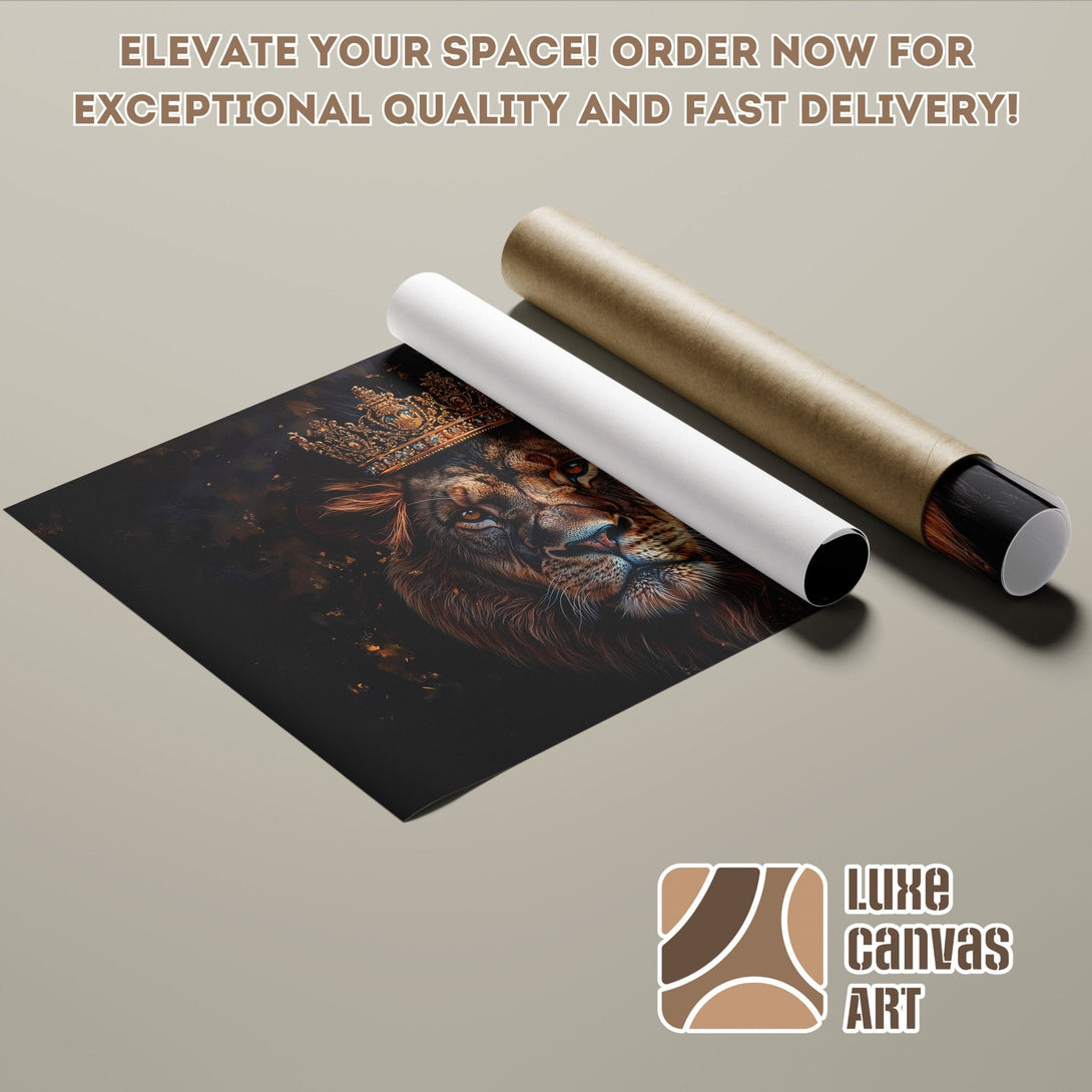 Lion Poster Roll, dark art style, rich gold and brown palette. Order now!