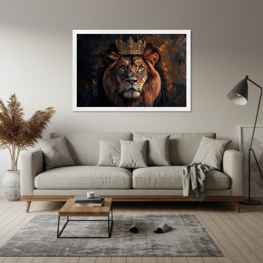 Framed Poster of a regal lion with a crown, in a dark, artistic style with warm gold and brown tones. Perfect wall art!