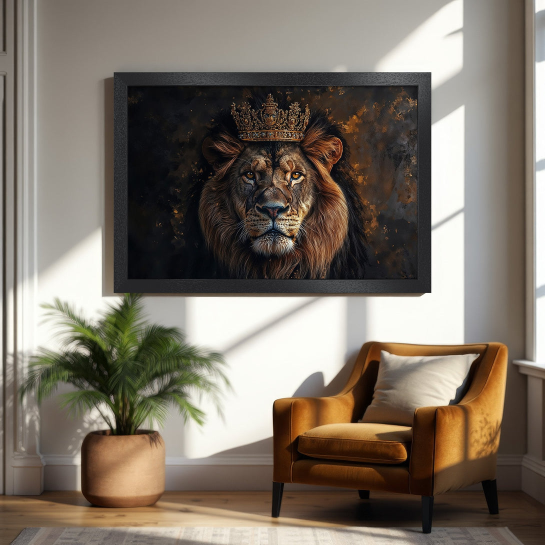 Framed Poster of a regal lion wearing a crown. Artistic style, warm brown and gold color palette. Perfect wall art!