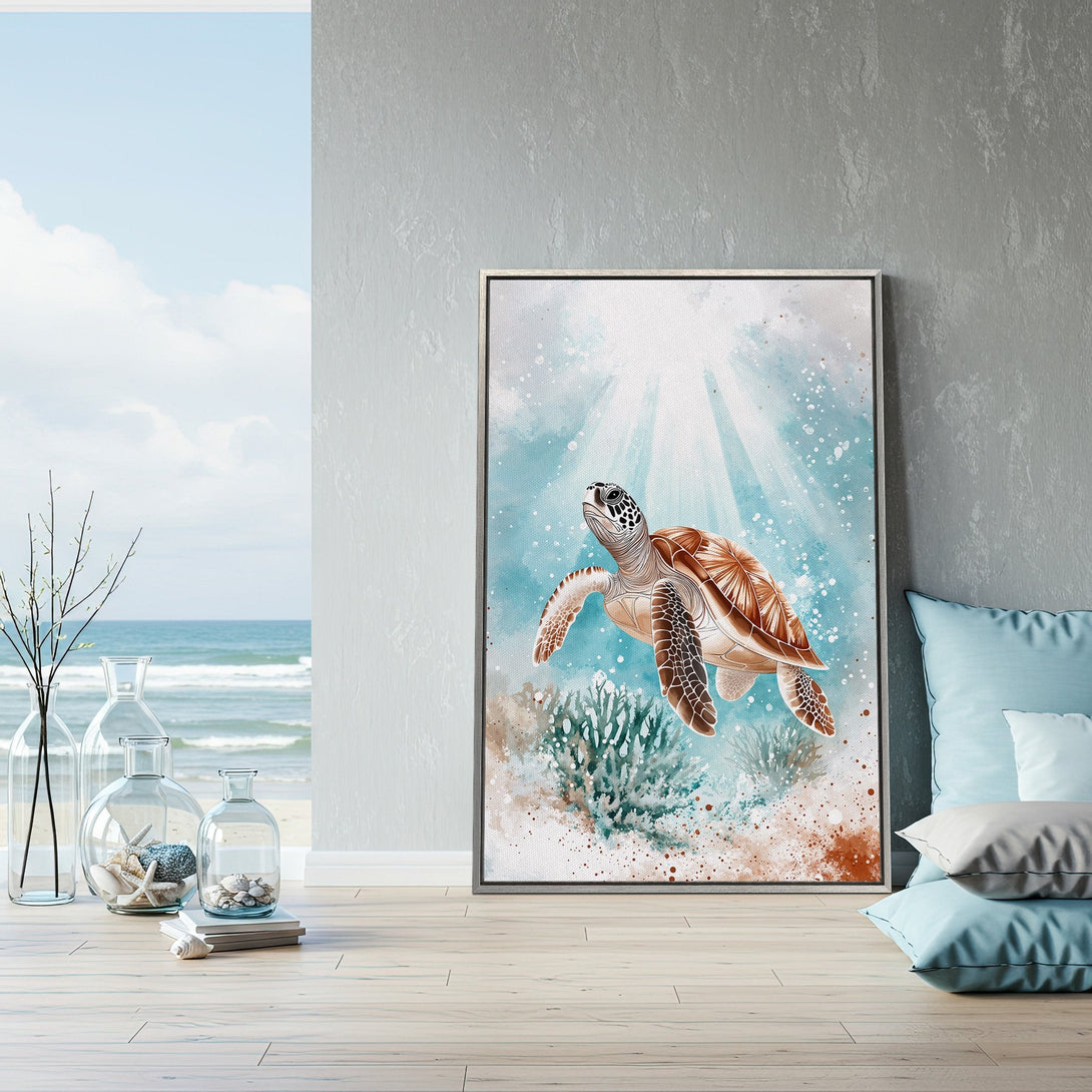 Framed Wall Art of a sea turtle in watercolor style. Coastal decor with a calming blue, brown, and aqua color palette. Perfect for a serene home.
