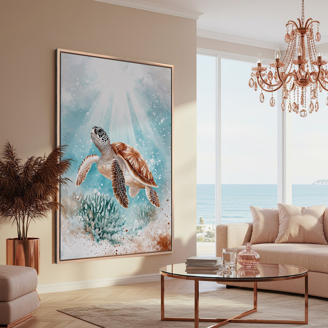 Framed Wall Art featuring a watercolor sea turtle in a coastal-inspired interior. Soft blues, greens, and browns create a serene and stylish aesthetic.