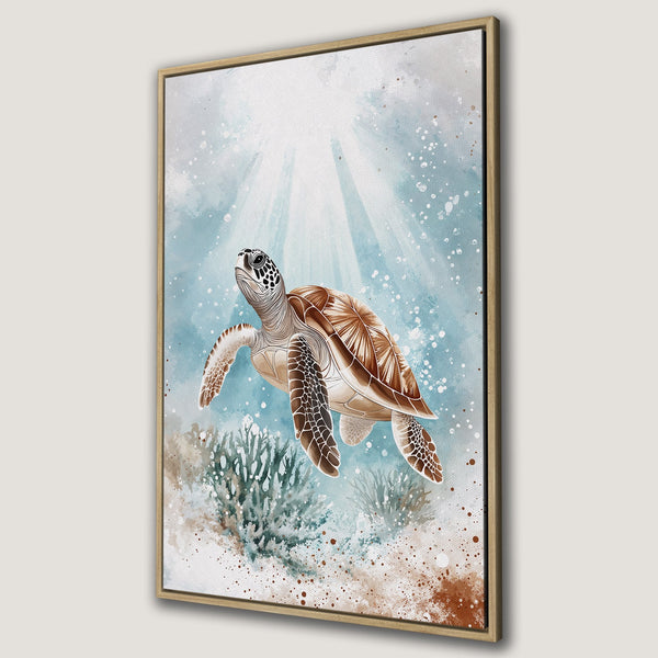 Framed Wall Art featuring a watercolor sea turtle in a serene underwater scene. Blue, brown, and white color palette. Perfect coastal decor!