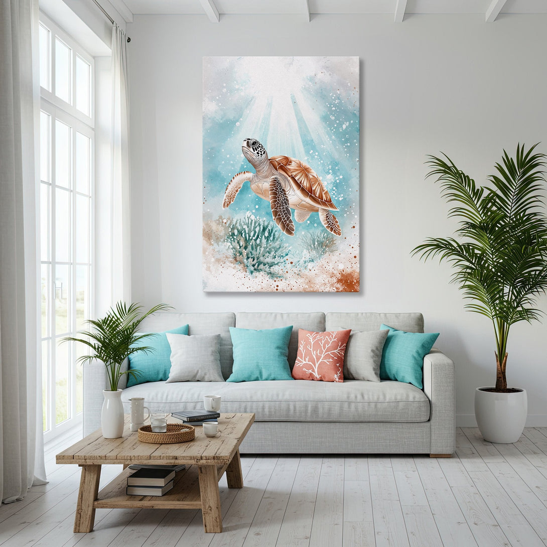 Framed Wall Art featuring a watercolor sea turtle, displayed in a coastal living room. Calming blue, brown, and white color palette.