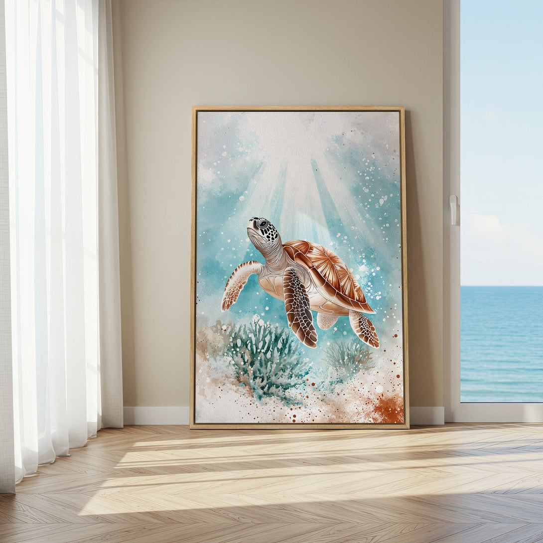 Framed Wall Art featuring a watercolor sea turtle in a serene turquoise and brown palette. Perfect coastal decor for your home!