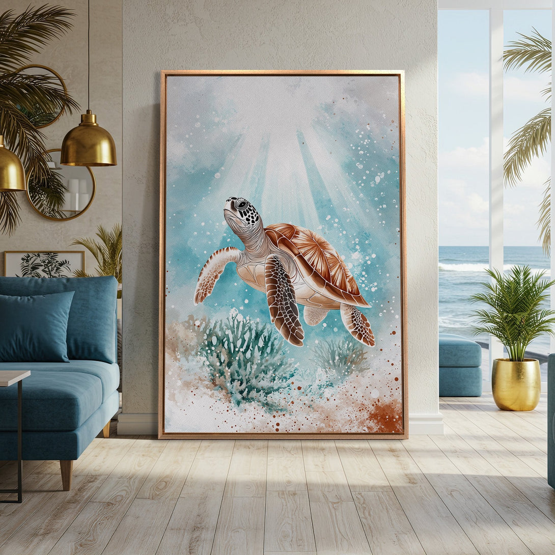 Framed Wall Art featuring a watercolor sea turtle in a serene blue and brown palette. Perfect coastal decor for a calming interior.