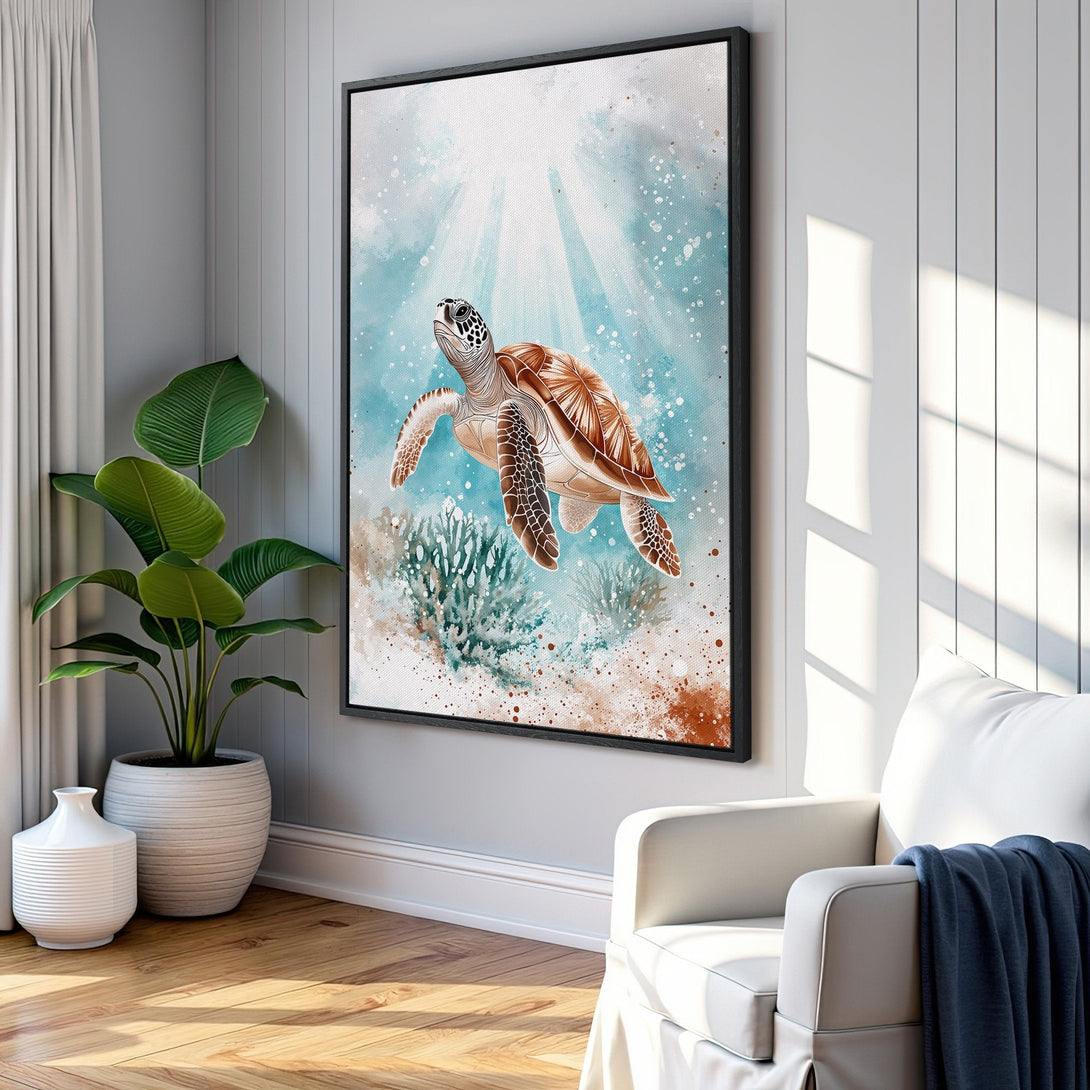 Framed Wall Art featuring a watercolor sea turtle. Coastal-inspired art in a blue, brown, and white palette. Perfect for adding a touch of serenity to your space.